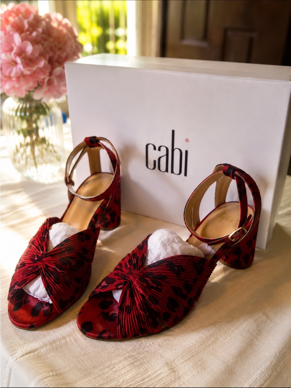 Cabi Red and Black Knot Front Ankle-Strap Sandals
